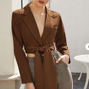 Notched Collar Belted Solid Crop Blazer